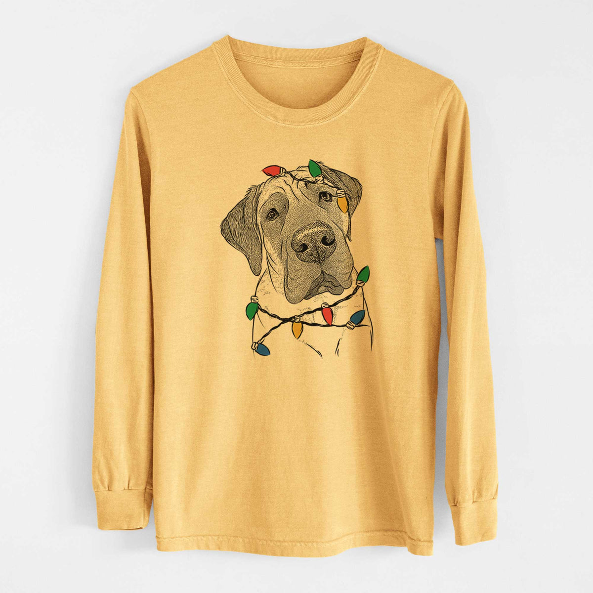 Christmas Lights Nutterbutter the English Mastiff - Heavyweight 100% Cotton Long Sleeve