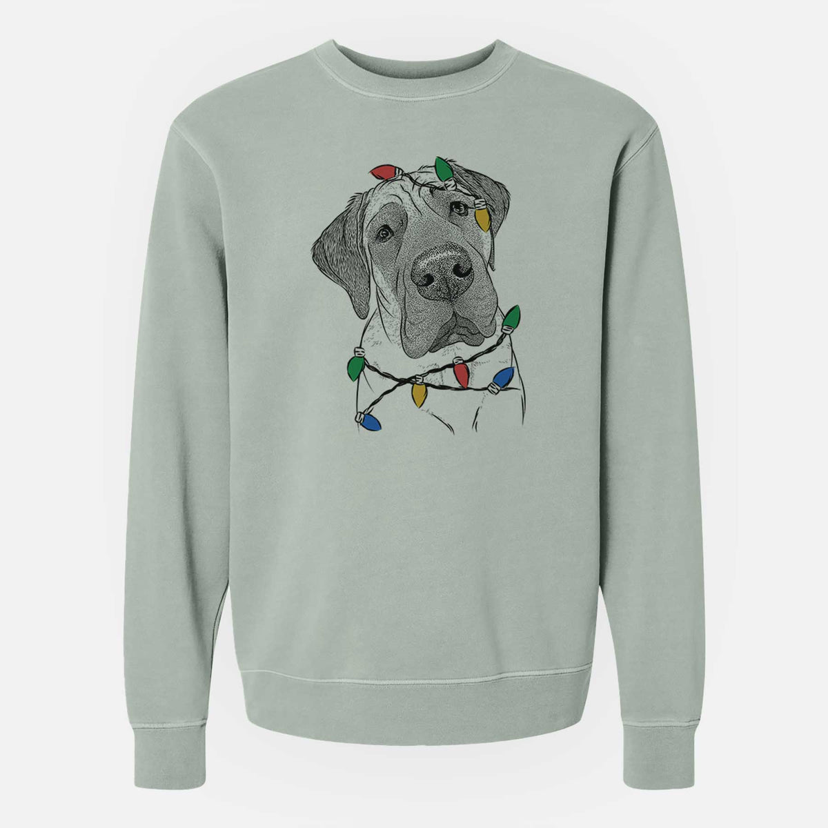 Christmas Lights Nutterbutter the English Mastiff - Unisex Pigment Dyed Crew Sweatshirt