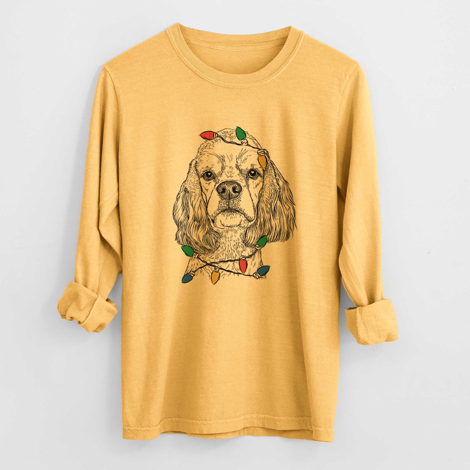 Christmas Lights Oakley the American Cocker Spaniel - Heavyweight 100% Cotton Long Sleeve