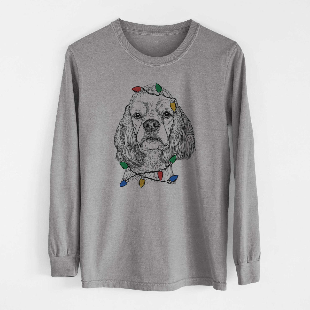 Christmas Lights Oakley the American Cocker Spaniel - Heavyweight 100% Cotton Long Sleeve