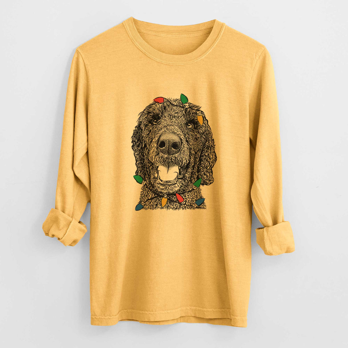 Christmas Lights Obi James the Goldendoodle - Heavyweight 100% Cotton Long Sleeve