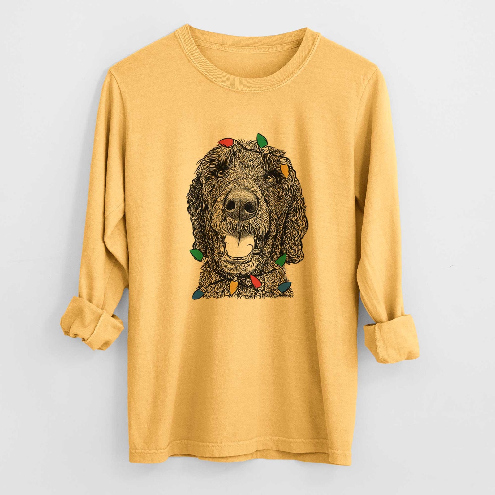 Christmas Lights Obi James the Goldendoodle - Heavyweight 100% Cotton Long Sleeve
