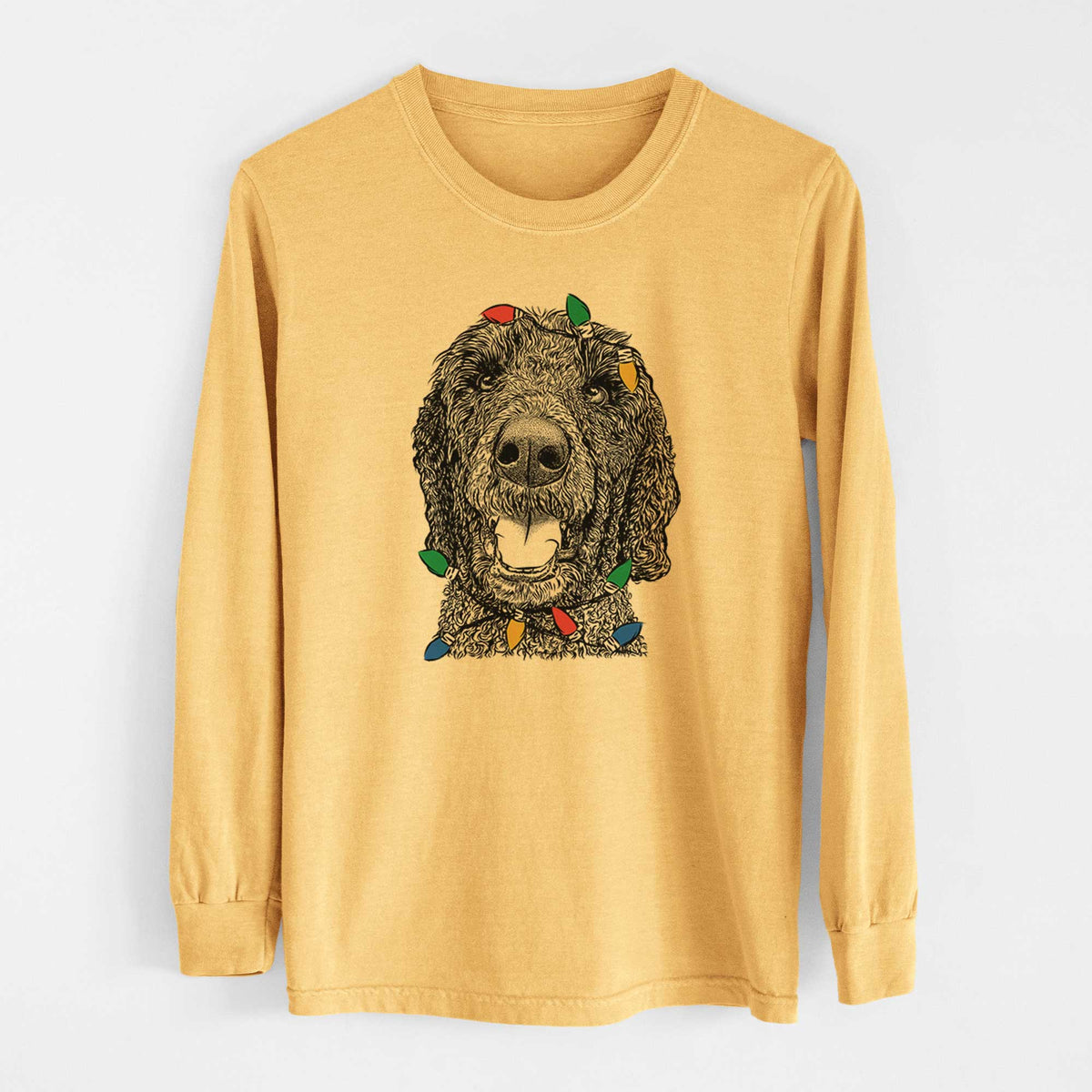 Christmas Lights Obi James the Goldendoodle - Heavyweight 100% Cotton Long Sleeve