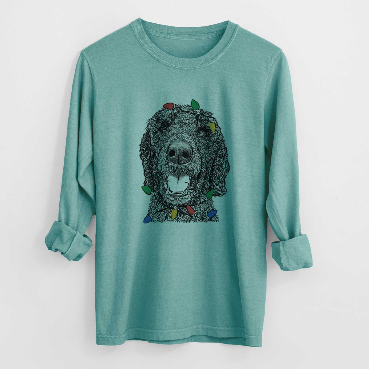 Christmas Lights Obi James the Goldendoodle - Heavyweight 100% Cotton Long Sleeve