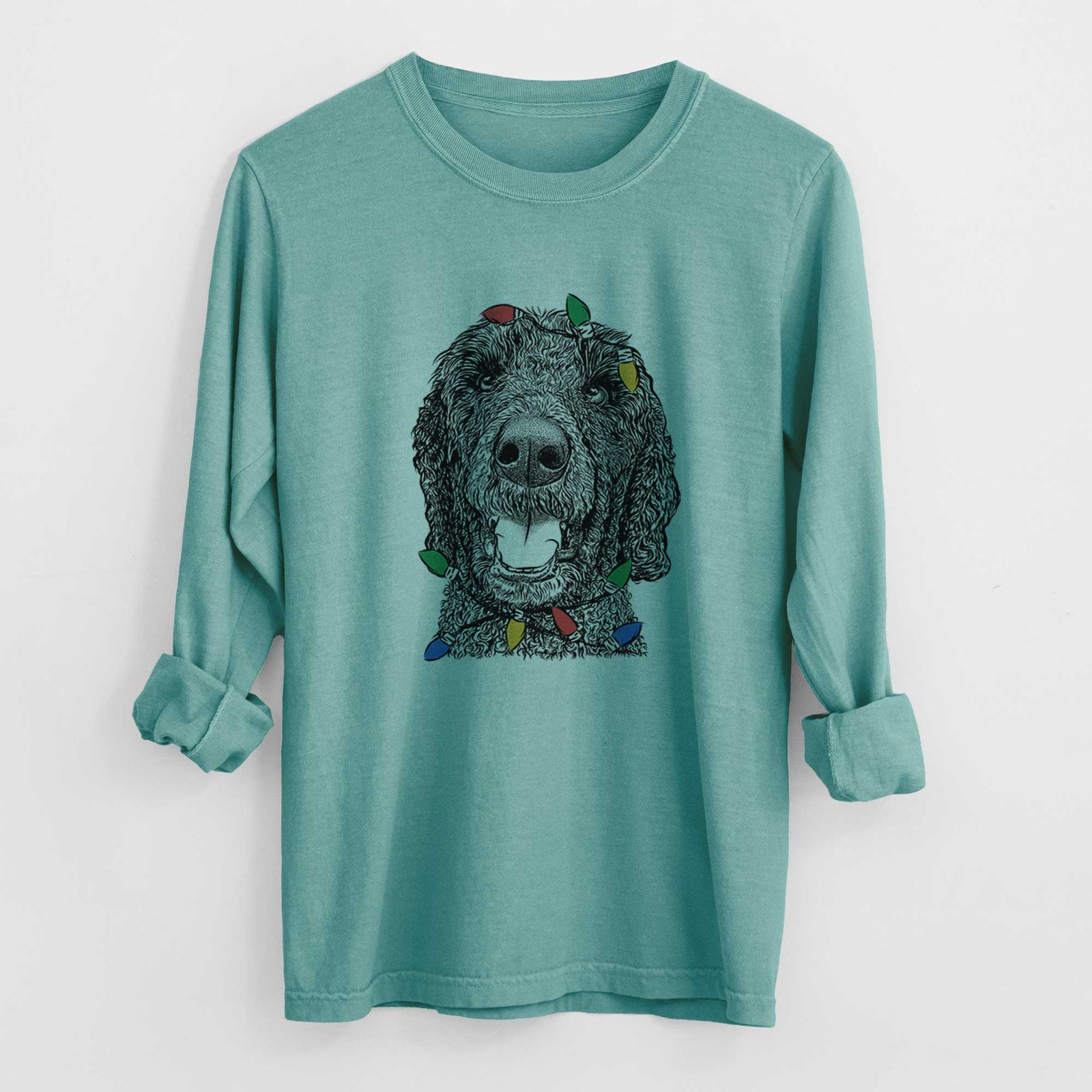 Christmas Lights Obi James the Goldendoodle - Heavyweight 100% Cotton Long Sleeve