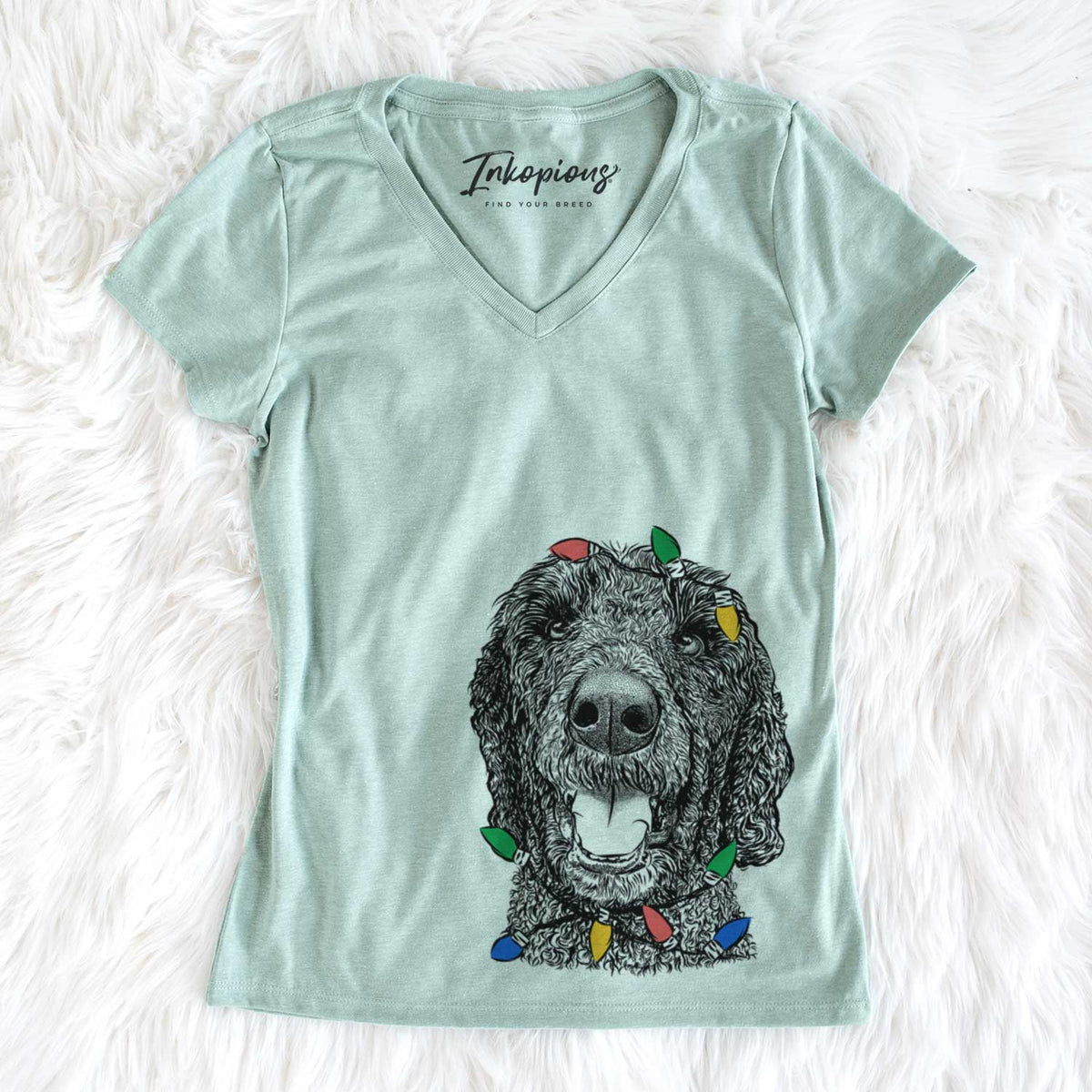 Christmas Lights Obi James the Goldendoodle - Women&#39;s V-neck Shirt