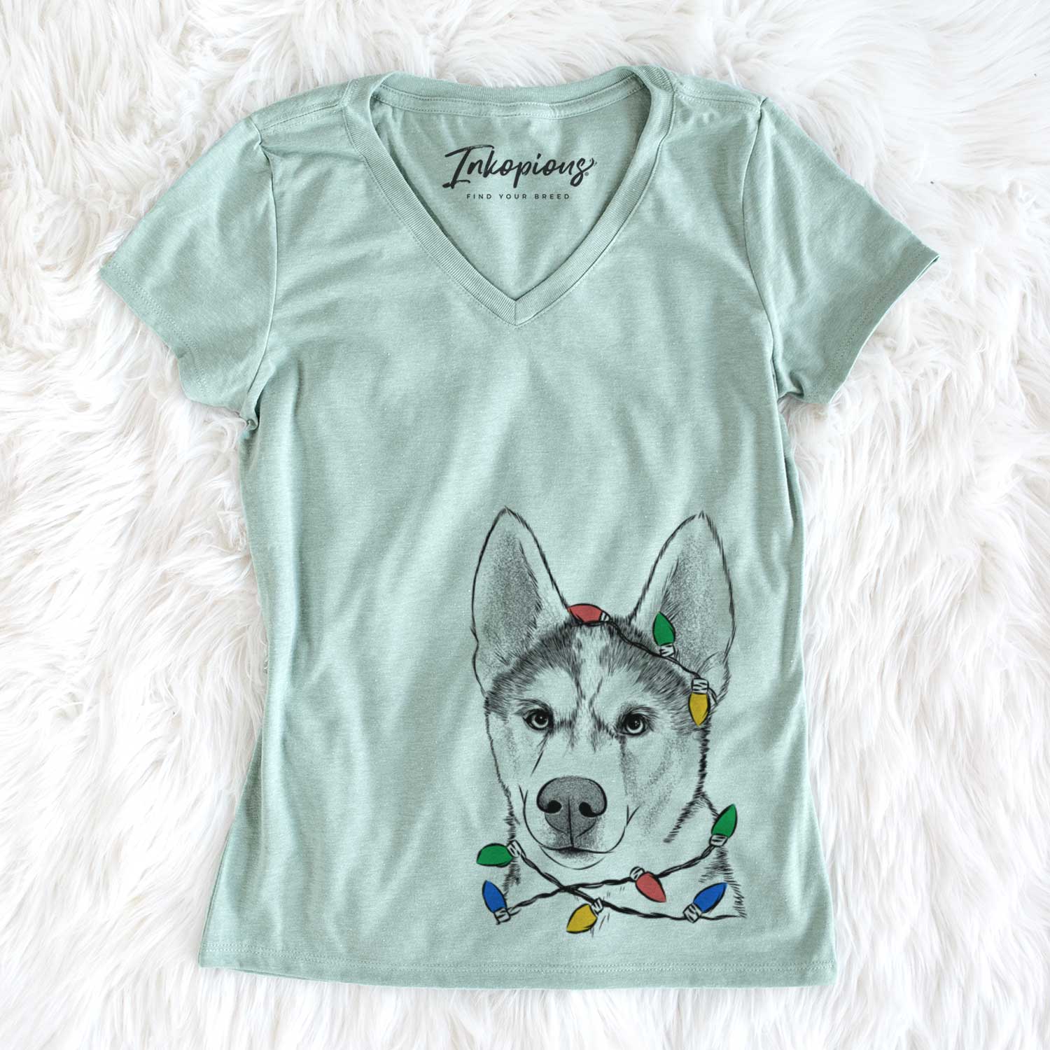 Christmas Lights Odin the Siberian Husky - Women's V-neck Shirt