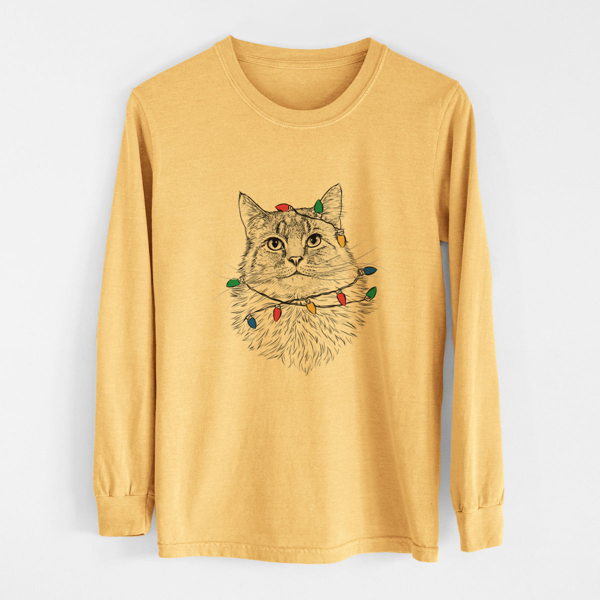 Christmas Lights Olive the Cat - Heavyweight 100% Cotton Long Sleeve