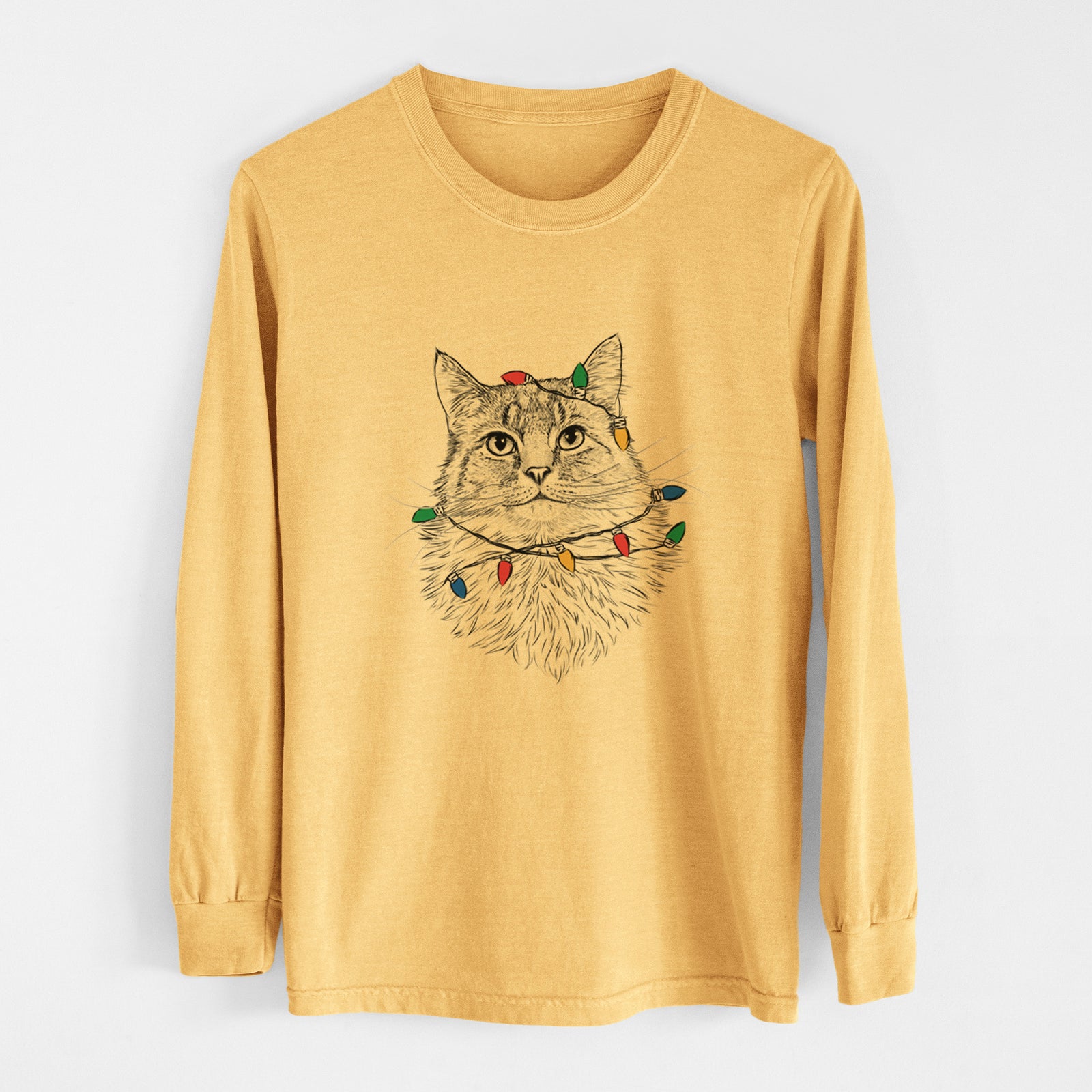 Christmas Lights Olive the Cat - Heavyweight 100% Cotton Long Sleeve