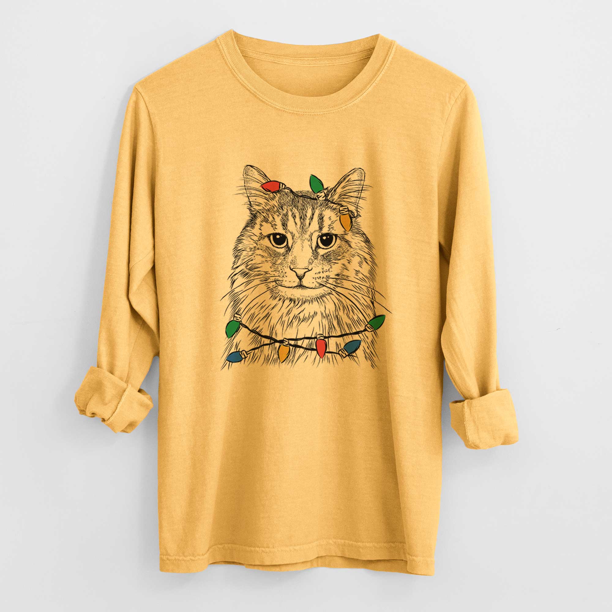 Christmas Lights Oliver Fluff the Maine Coon Mix Cat - Heavyweight 100% Cotton Long Sleeve