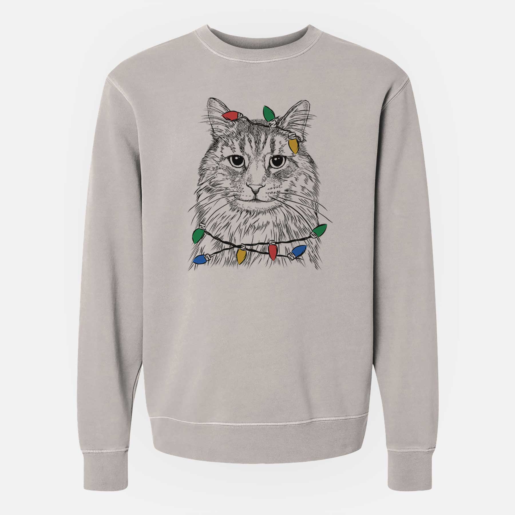 Christmas Lights Oliver Fluff the Maine Coon Mix Cat - Unisex Pigment Dyed Crew Sweatshirt