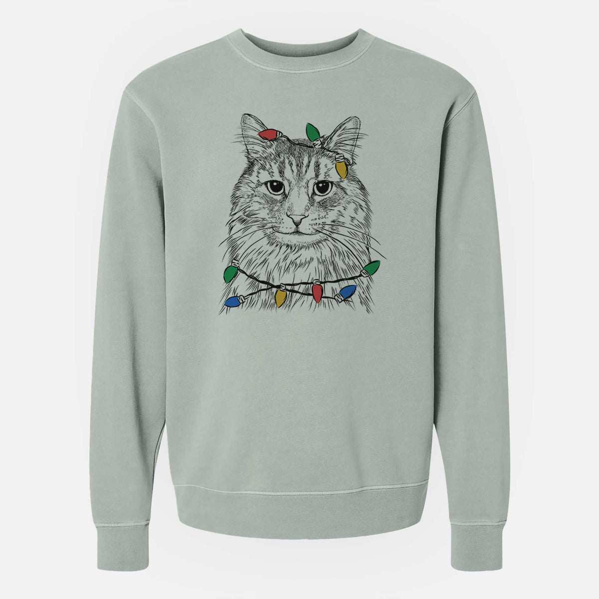 Christmas Lights Oliver Fluff the Maine Coon Mix Cat - Unisex Pigment Dyed Crew Sweatshirt