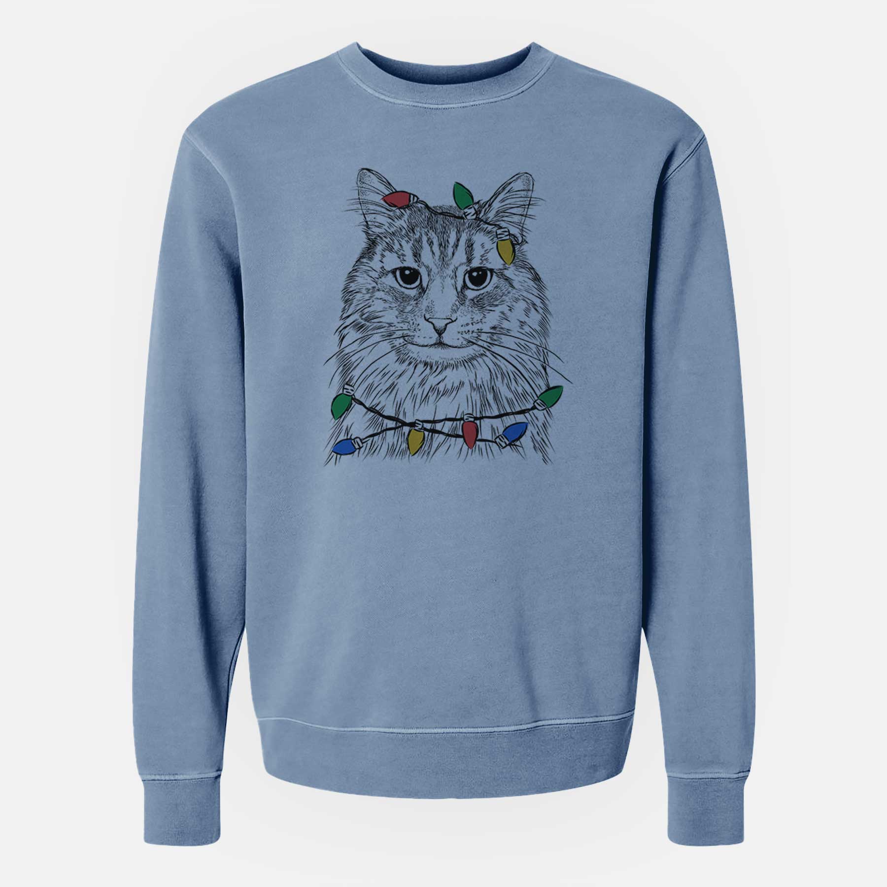 Christmas Lights Oliver Fluff the Maine Coon Mix Cat - Unisex Pigment Dyed Crew Sweatshirt