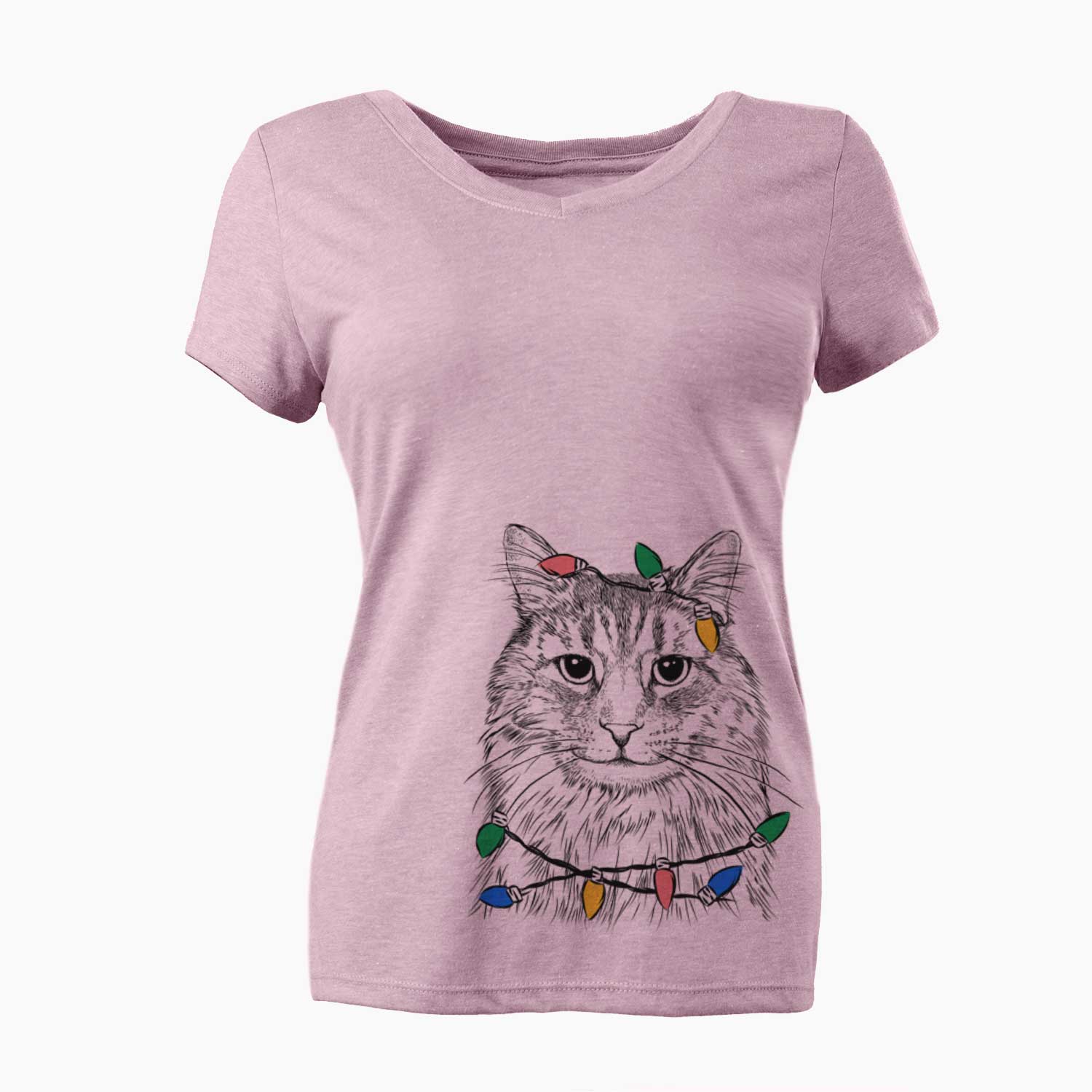 Christmas Lights Oliver Fluff the Maine Coon Mix Cat - Women's V-neck Shirt