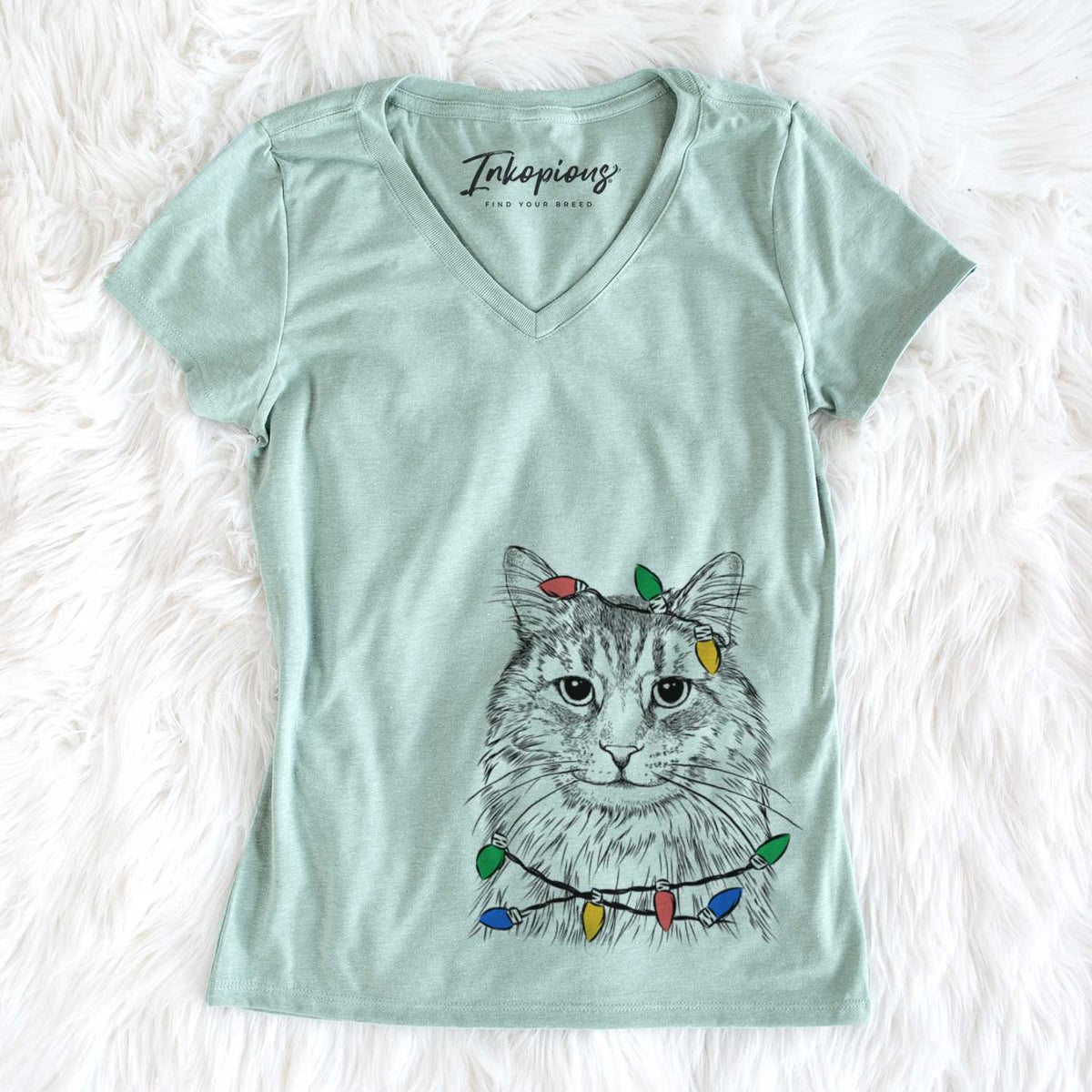Christmas Lights Oliver Fluff the Maine Coon Mix Cat - Women&#39;s V-neck Shirt
