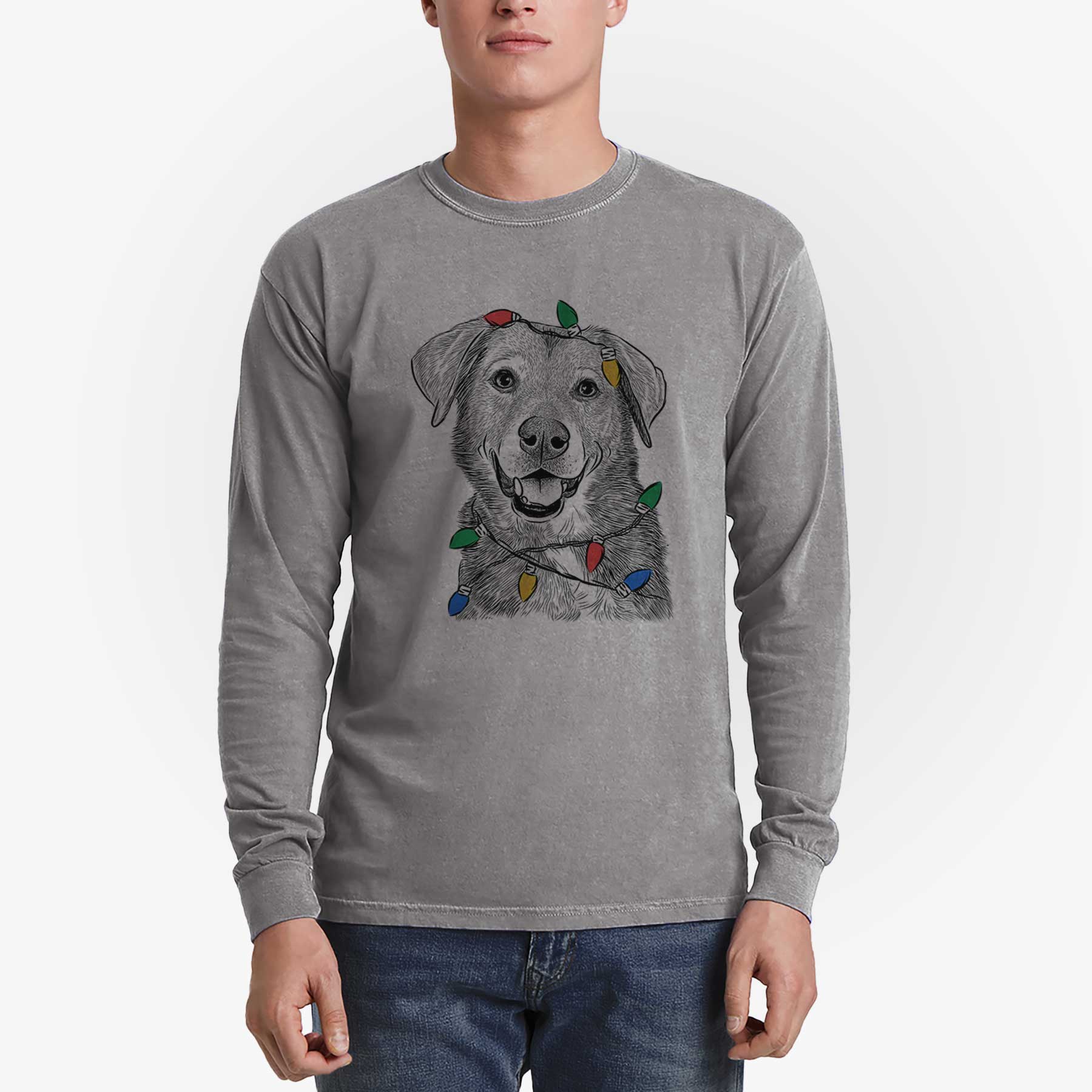 Christmas Lights Oliver the Mixed Breed - Heavyweight 100% Cotton Long Sleeve