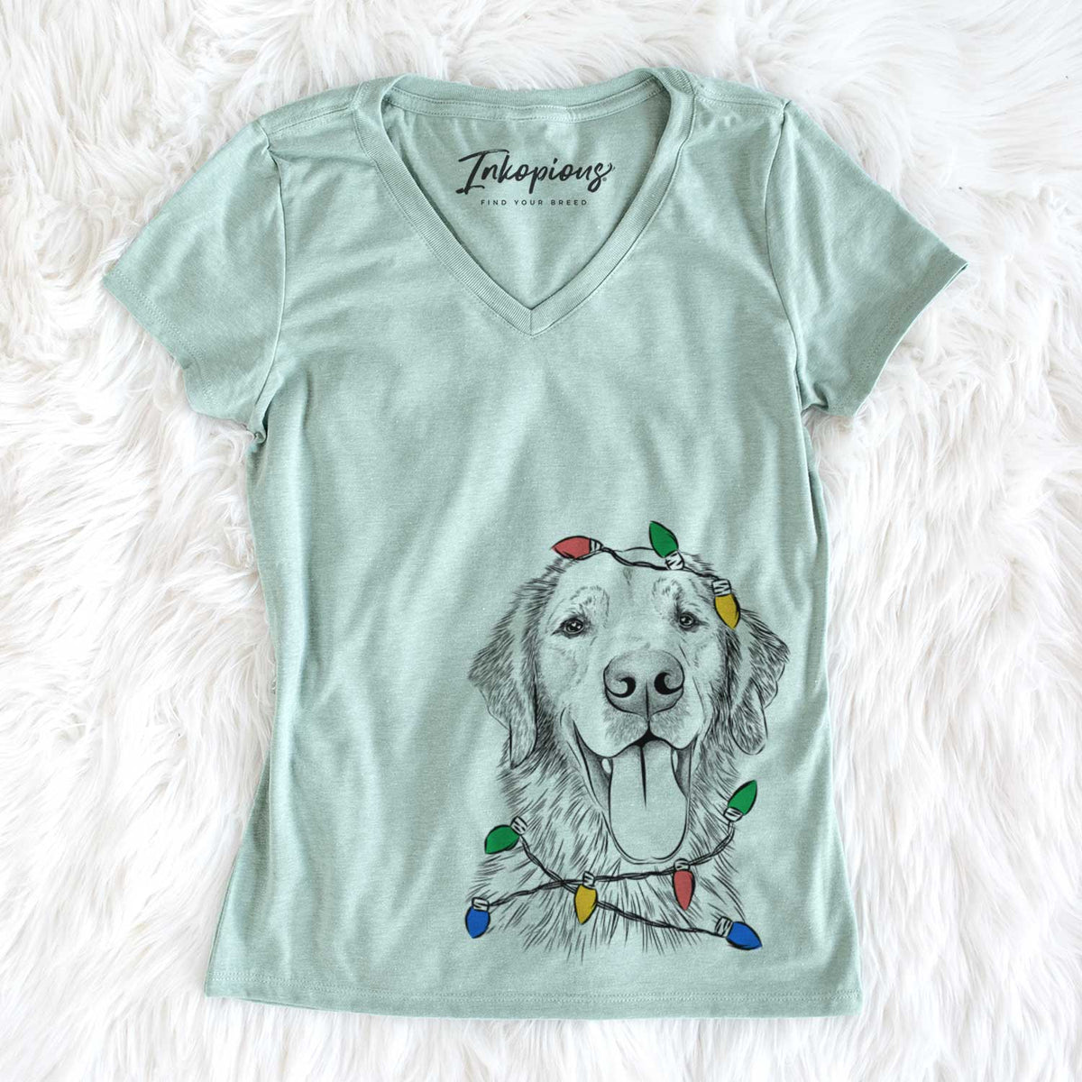 Christmas Lights Oliver Tredup the Golden Retriever - Women&#39;s V-neck Shirt