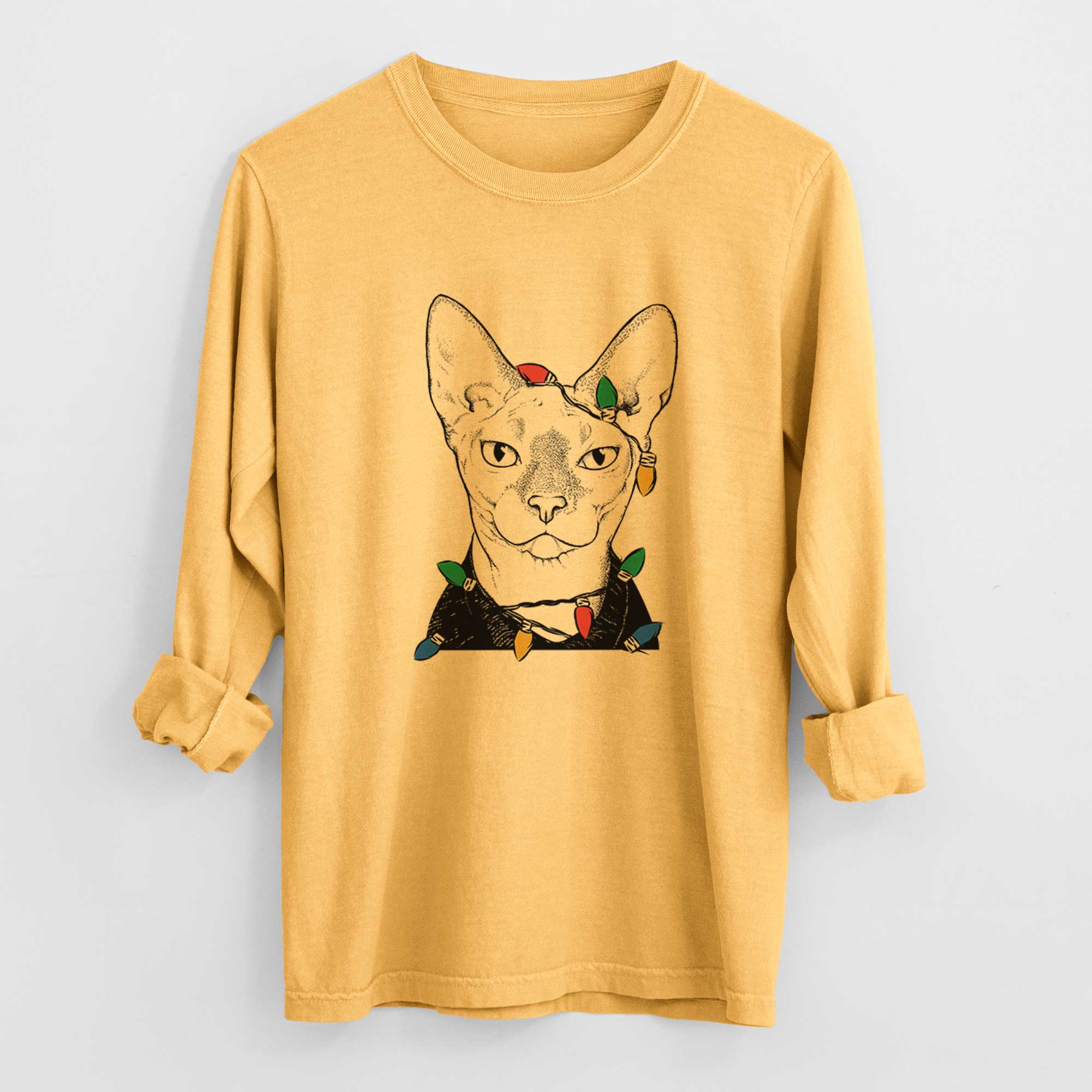 Christmas Lights Oliver Watson the Sphynx Cat - Heavyweight 100% Cotton Long Sleeve