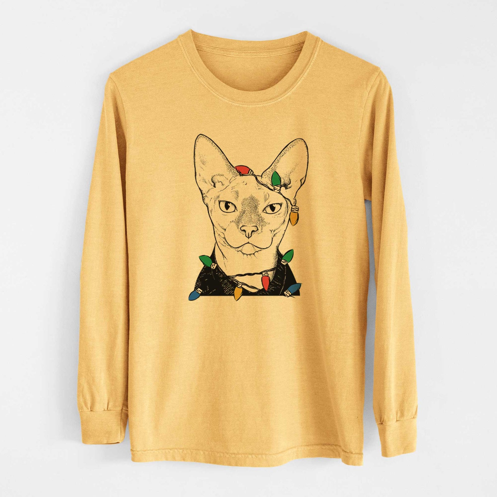 Christmas Lights Oliver Watson the Sphynx Cat - Heavyweight 100% Cotton Long Sleeve