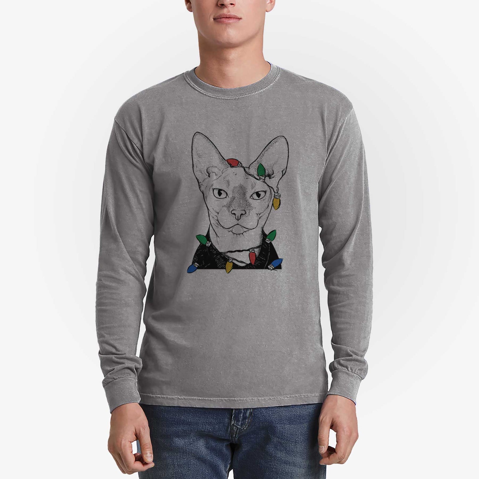 Christmas Lights Oliver Watson the Sphynx Cat - Heavyweight 100% Cotton Long Sleeve