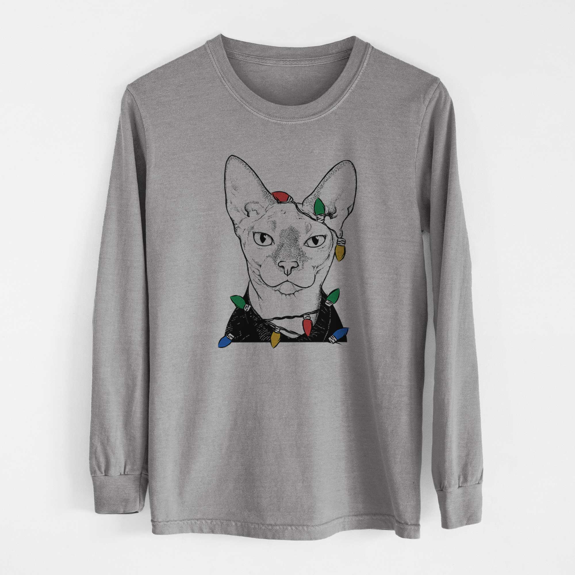 Christmas Lights Oliver Watson the Sphynx Cat - Heavyweight 100% Cotton Long Sleeve