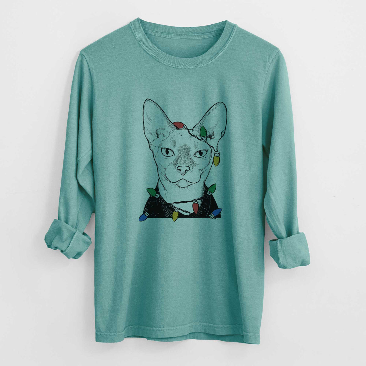 Christmas Lights Oliver Watson the Sphynx Cat - Heavyweight 100% Cotton Long Sleeve