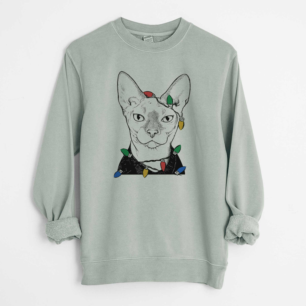 Christmas Lights Oliver Watson the Sphynx Cat - Unisex Pigment Dyed Crew Sweatshirt