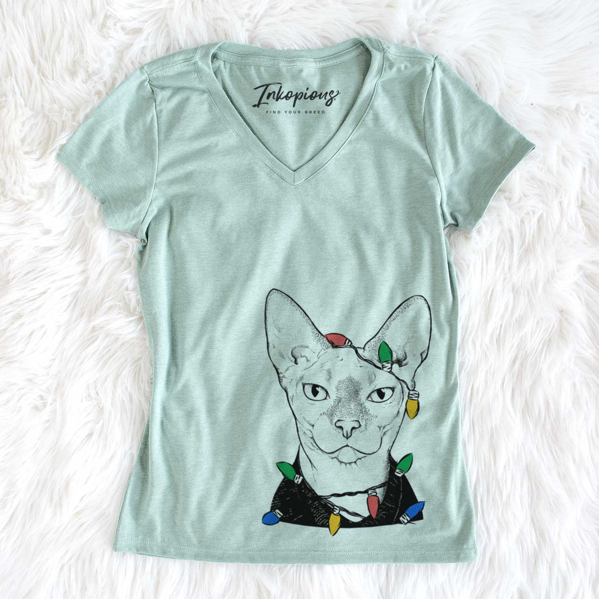 Christmas Lights Oliver Watson the Sphynx Cat - Women&#39;s V-neck Shirt