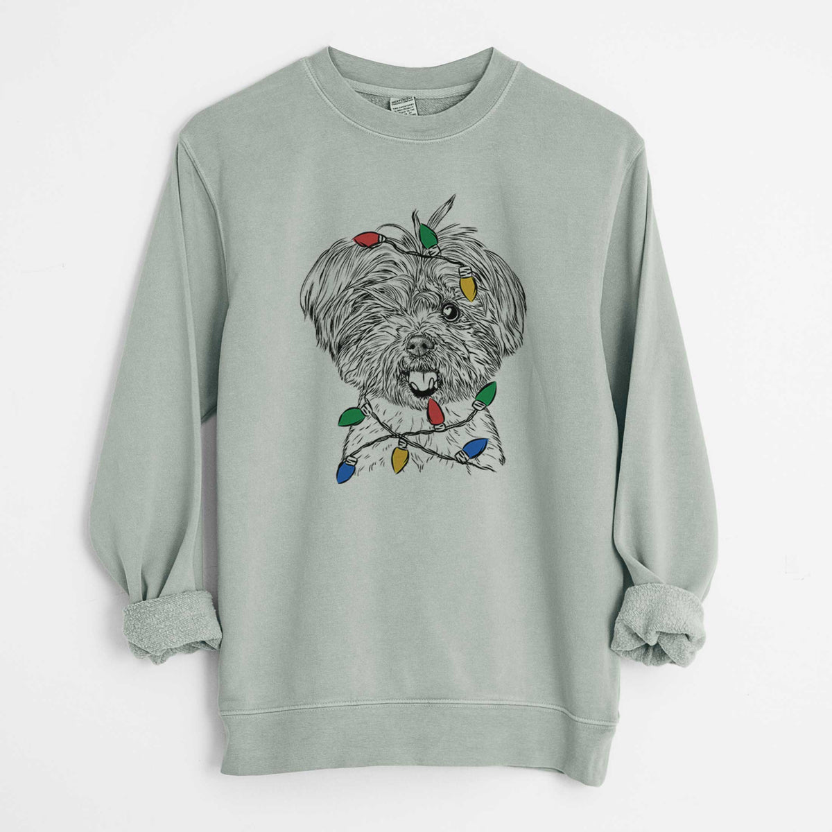 Christmas Lights Oliver the Yorkie Mix - Unisex Pigment Dyed Crew Sweatshirt