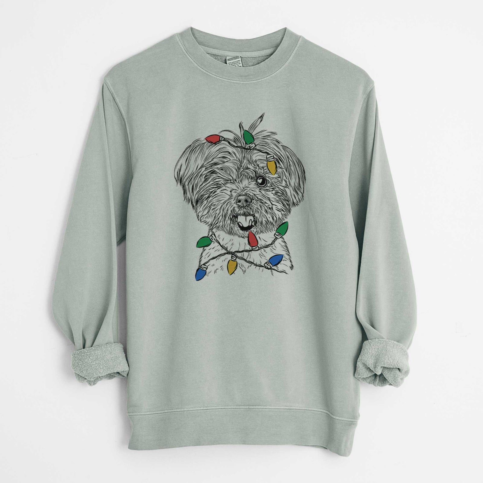 Christmas Lights Oliver the Yorkie Mix - Unisex Pigment Dyed Crew Sweatshirt