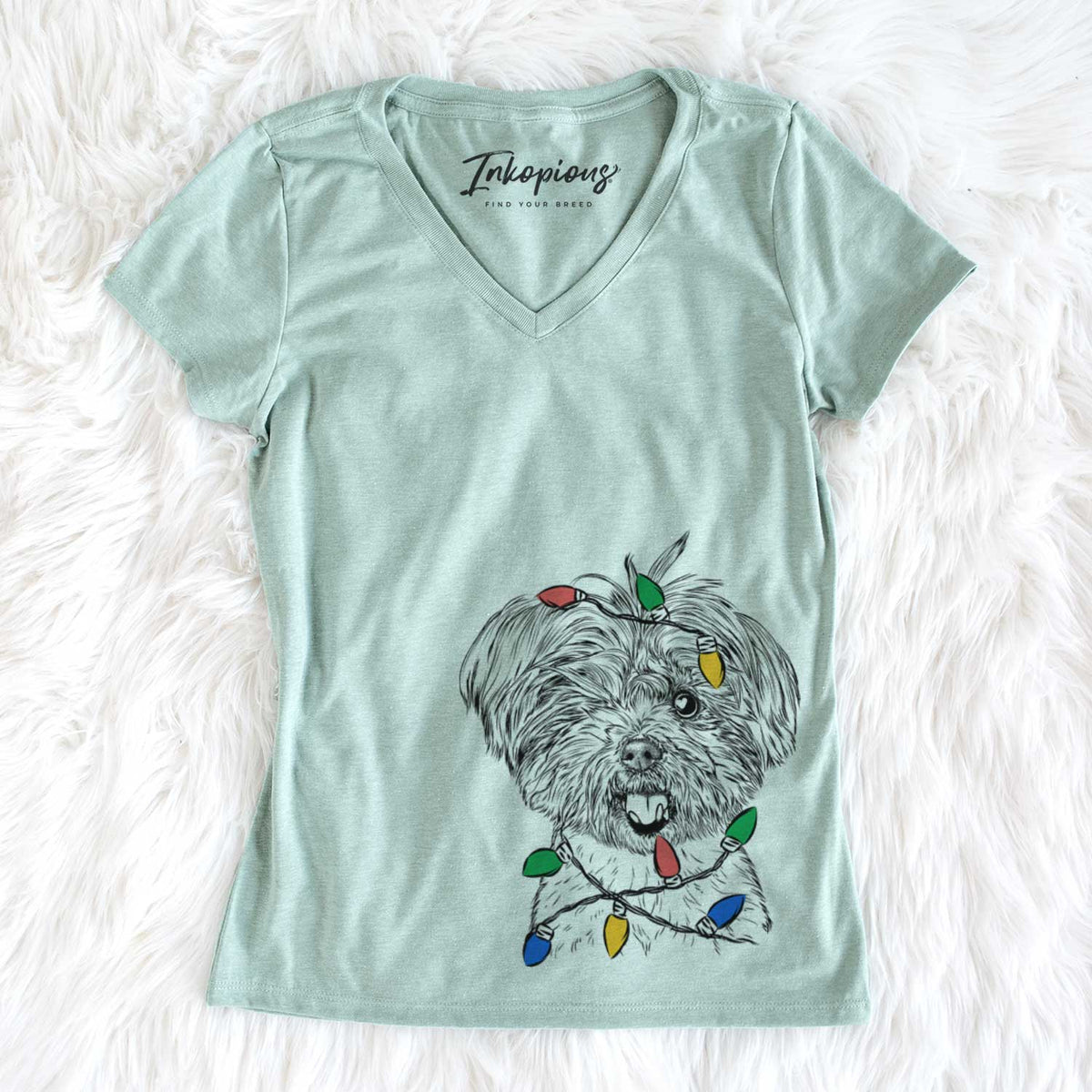 Christmas Lights Oliver the Yorkie Mix - Women&#39;s V-neck Shirt