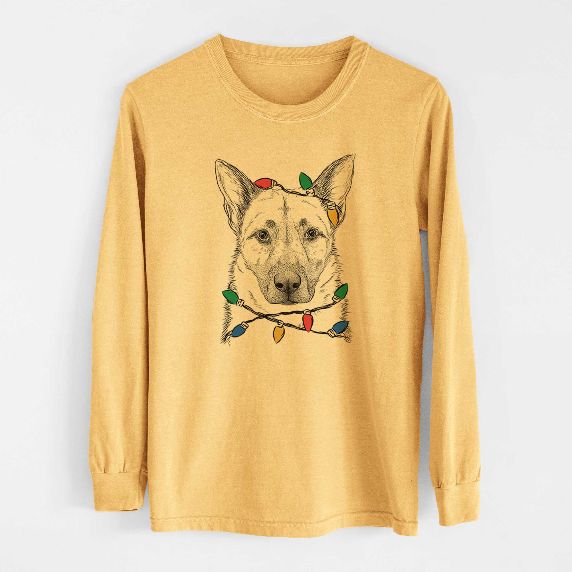 Christmas Lights Oliverno the German Shepherd - Heavyweight 100% Cotton Long Sleeve