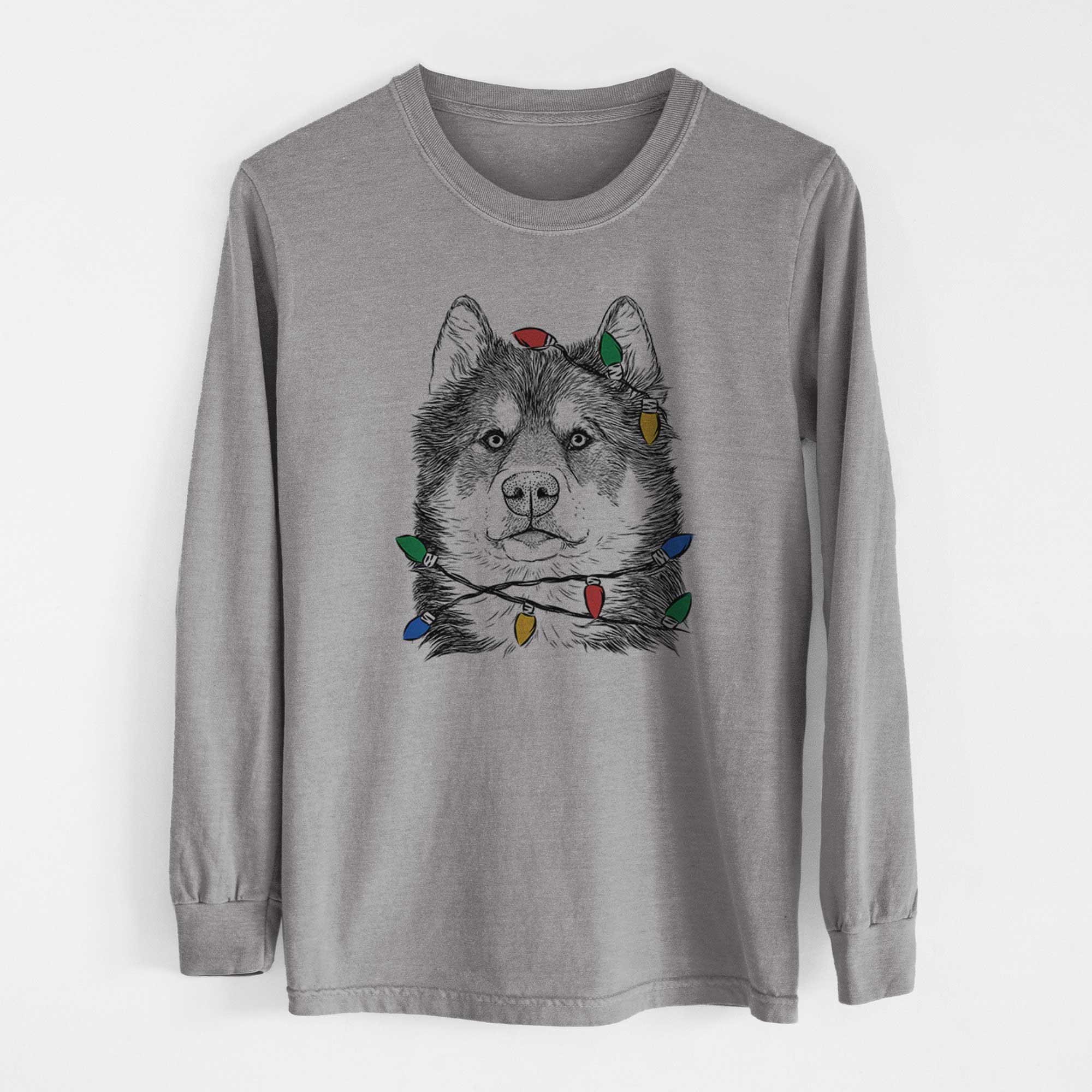 Christmas Lights Oskar the Canadian Eskimo Dog - Heavyweight 100% Cotton Long Sleeve