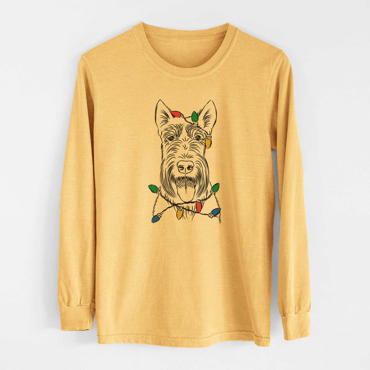 Christmas Lights Oswald the Scottish Terrier - Heavyweight 100% Cotton Long Sleeve