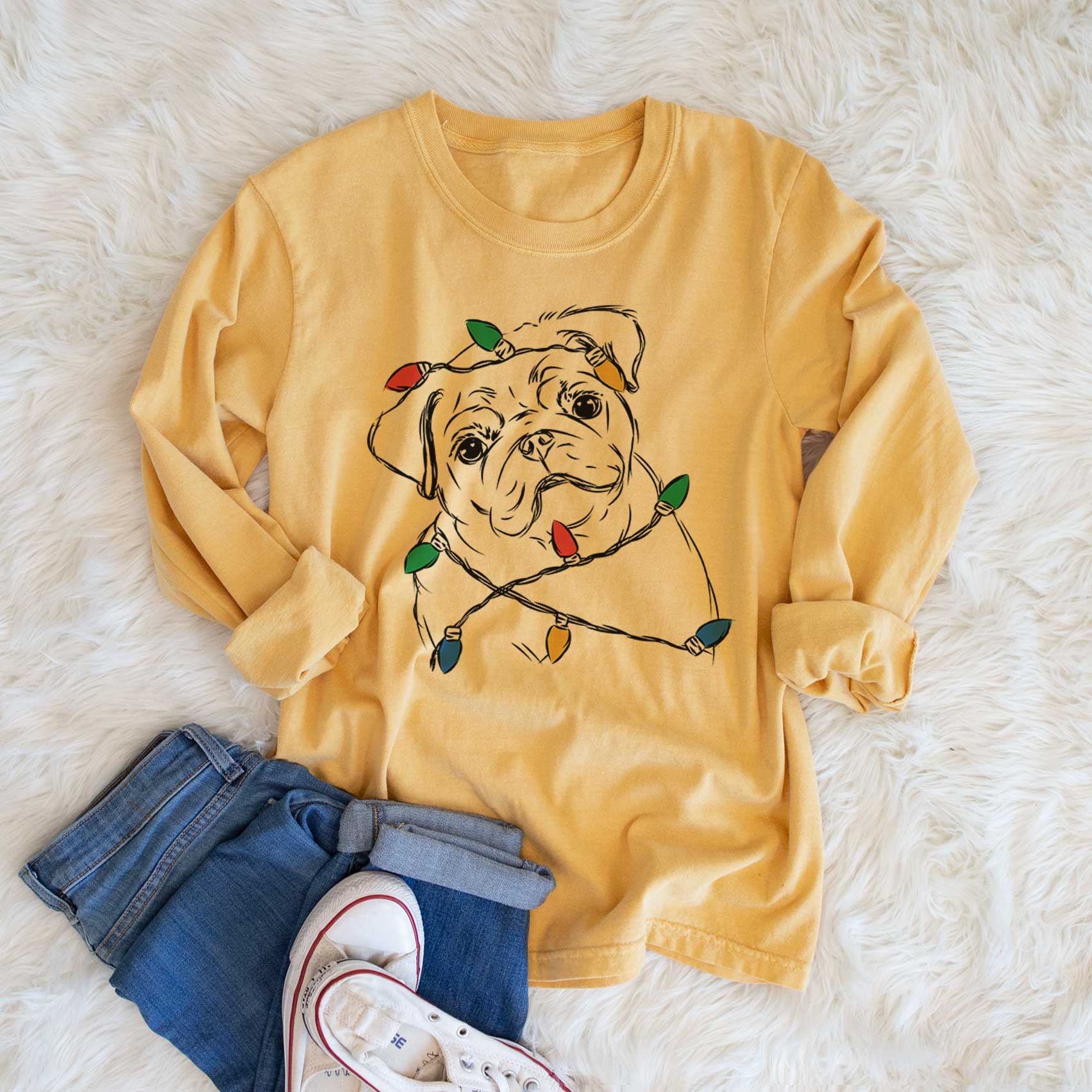 Christmas Lights Otis the Pug - Heavyweight 100% Cotton Long Sleeve