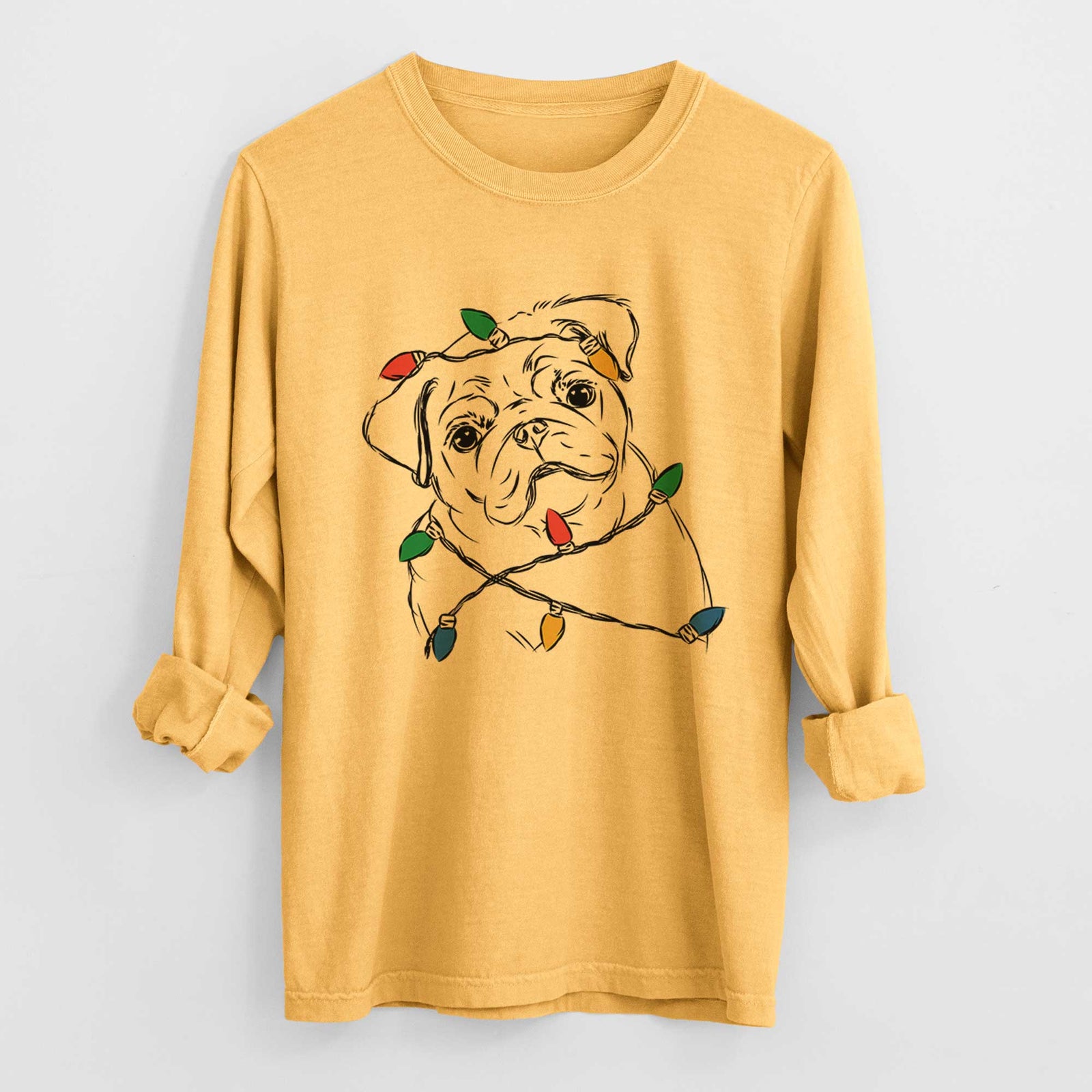 Christmas Lights Otis the Pug - Heavyweight 100% Cotton Long Sleeve