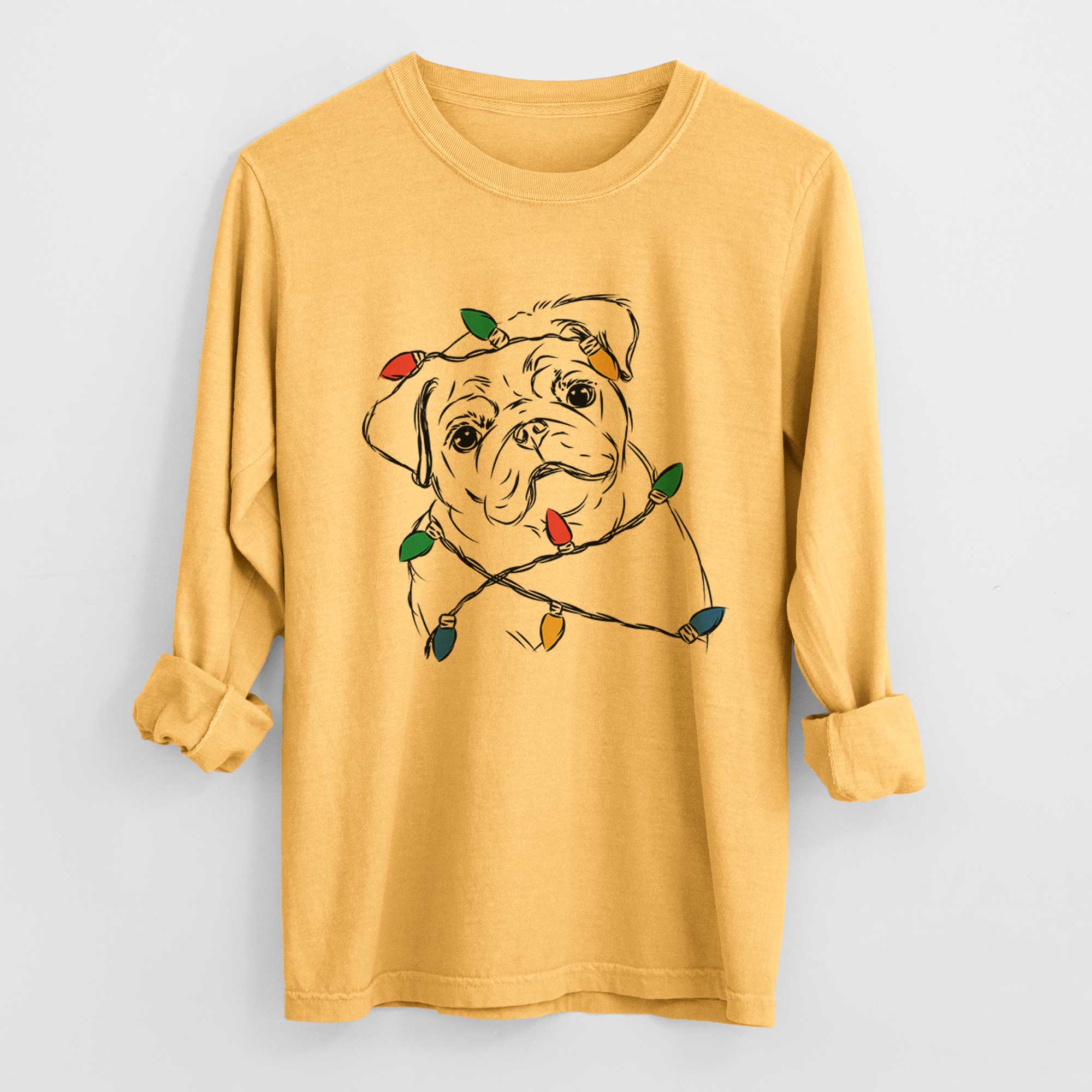 Christmas Lights Otis the Pug - Heavyweight 100% Cotton Long Sleeve