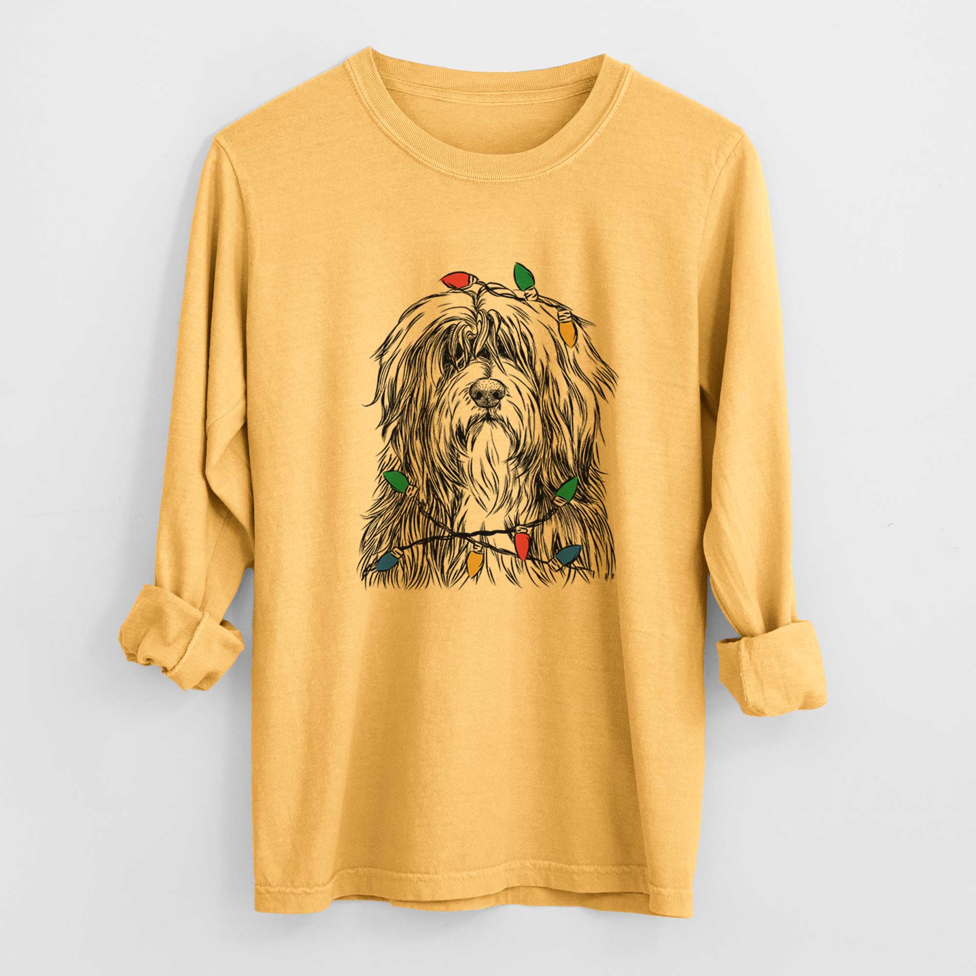 Christmas Lights Otto the Polish Lowland Sheepdog - Heavyweight 100% Cotton Long Sleeve