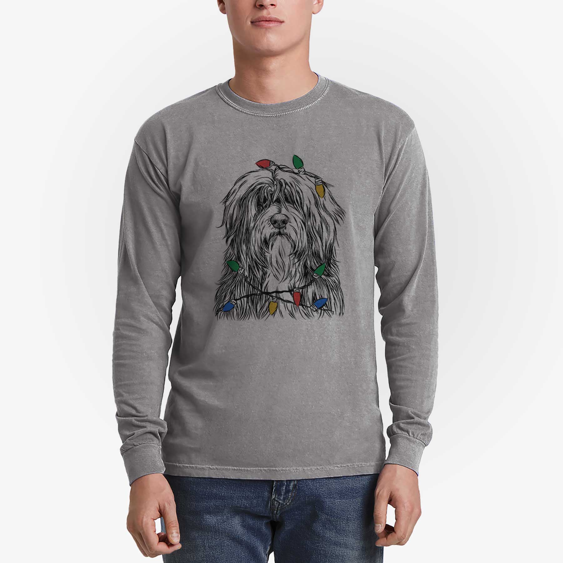 Christmas Lights Otto the Polish Lowland Sheepdog - Heavyweight 100% Cotton Long Sleeve