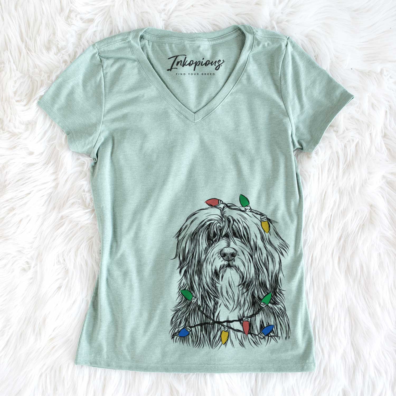 Christmas Lights Otto the Polish Lowland Sheepdog - Women's V-neck Shirt