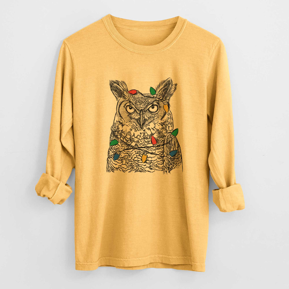 Christmas Lights Ozwald the Grey Horned Owl - Heavyweight 100% Cotton Long Sleeve
