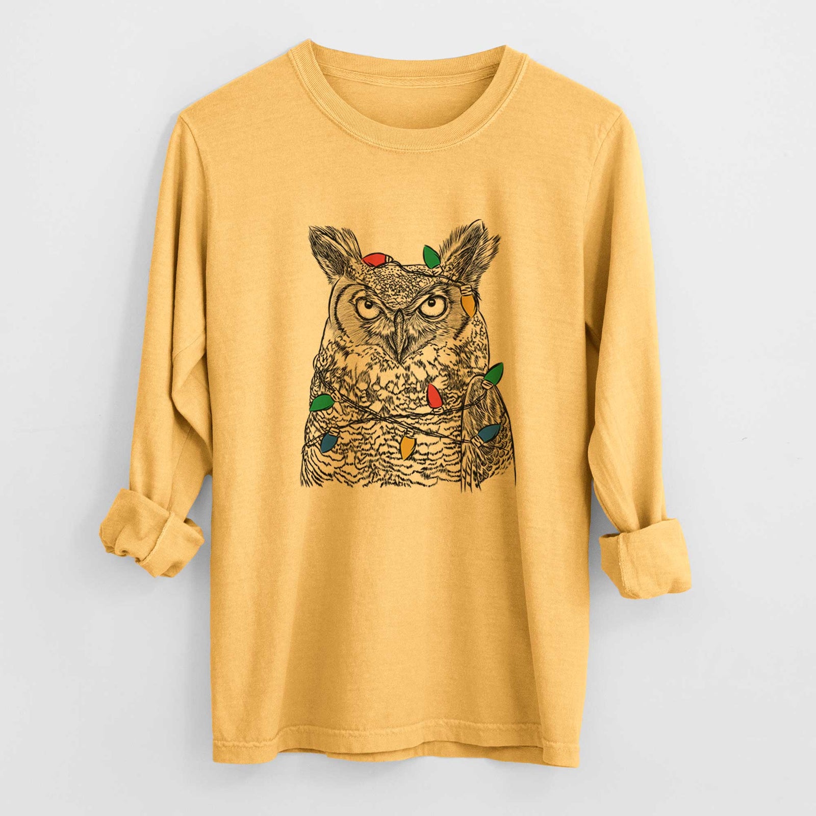 Christmas Lights Ozwald the Grey Horned Owl - Heavyweight 100% Cotton Long Sleeve