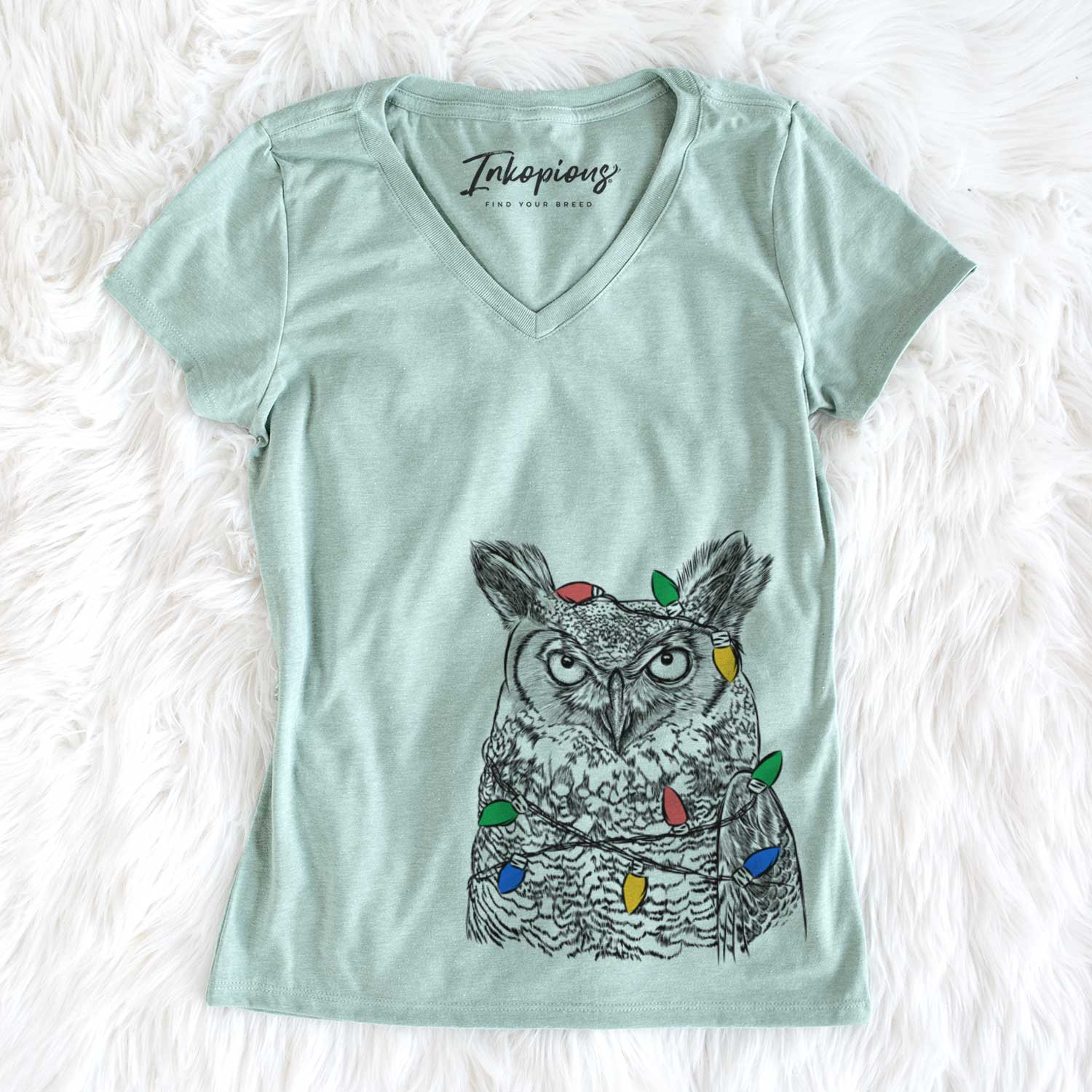 Christmas Lights Ozwald the Grey Horned Owl - Women's V-neck Shirt