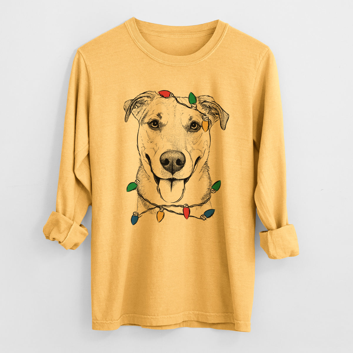 Christmas Lights Padre the Pitbull Mix - Heavyweight 100% Cotton Long Sleeve