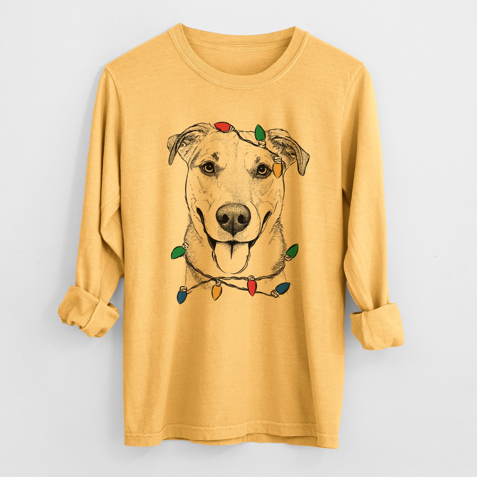 Christmas Lights Padre the Pitbull Mix - Heavyweight 100% Cotton Long Sleeve