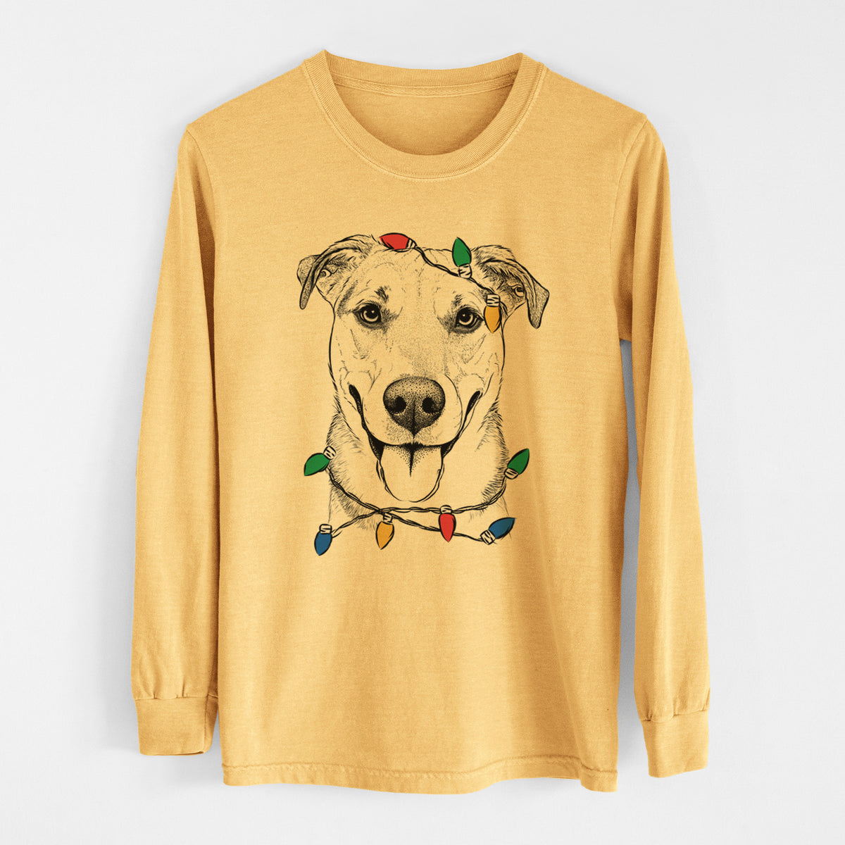Christmas Lights Padre the Pitbull Mix - Heavyweight 100% Cotton Long Sleeve