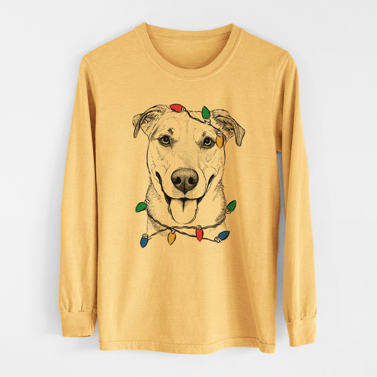 Christmas Lights Padre the Pitbull Mix - Heavyweight 100% Cotton Long Sleeve