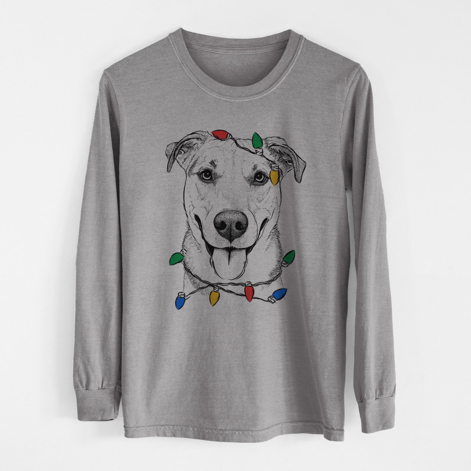 Christmas Lights Padre the Pitbull Mix - Heavyweight 100% Cotton Long Sleeve