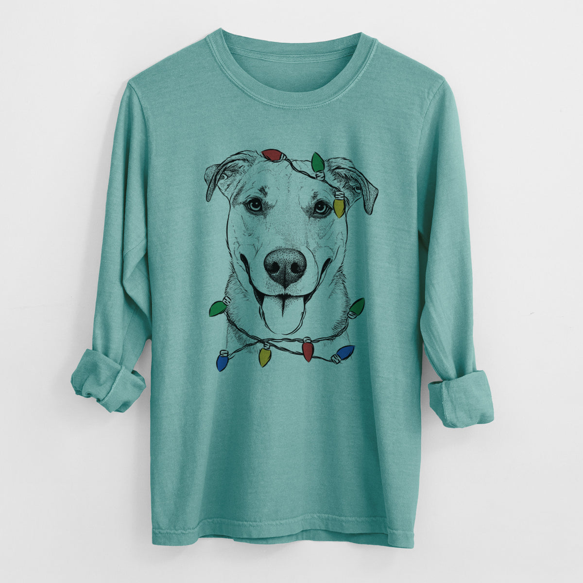 Christmas Lights Padre the Pitbull Mix - Heavyweight 100% Cotton Long Sleeve