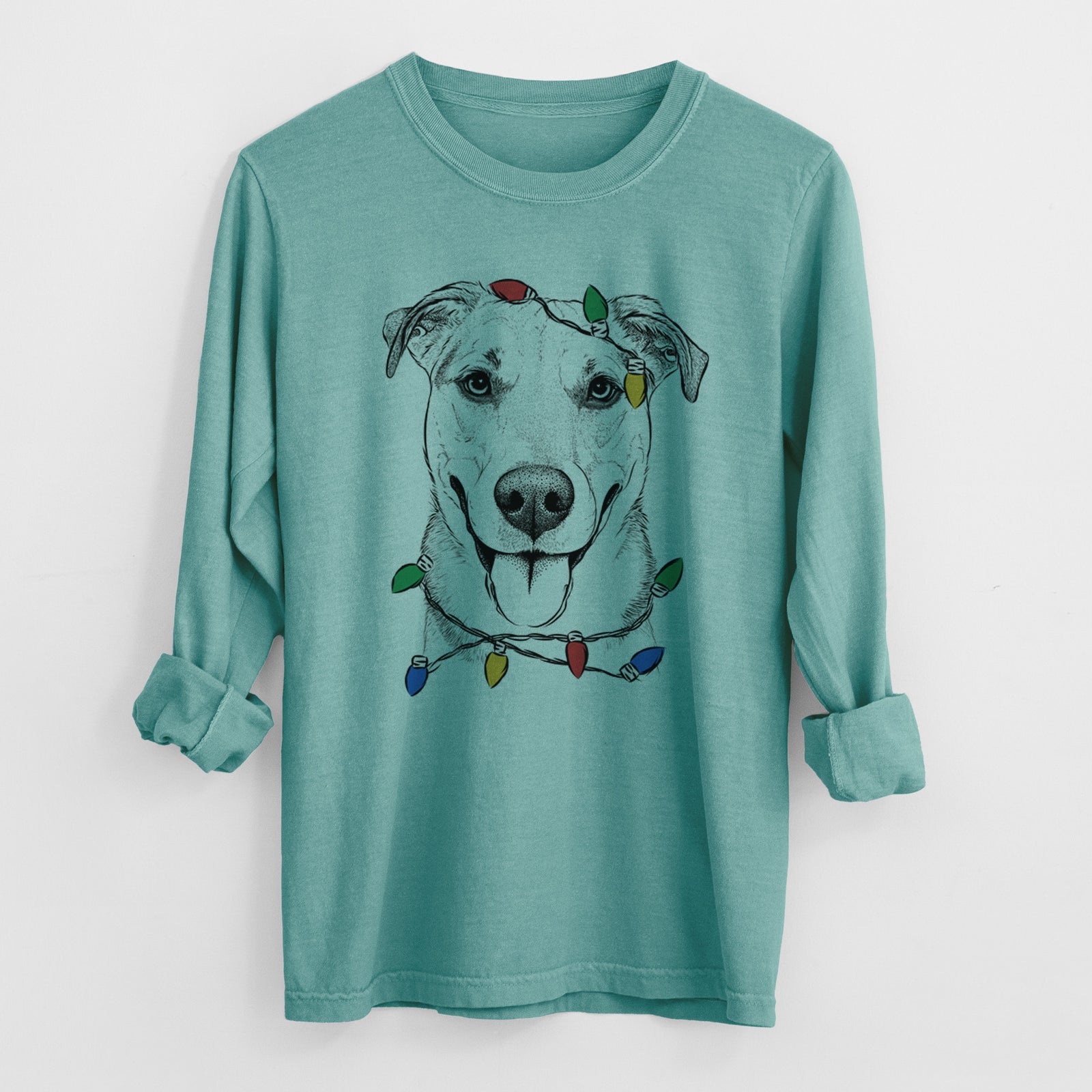 Christmas Lights Padre the Pitbull Mix - Heavyweight 100% Cotton Long Sleeve